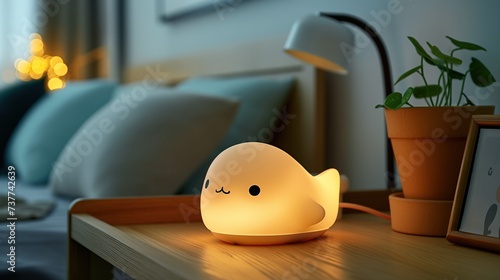 In a stylish modern children's room there is an baby whale lamp next to the bed. Restful sleep, time to dream, peace and wisdom photo