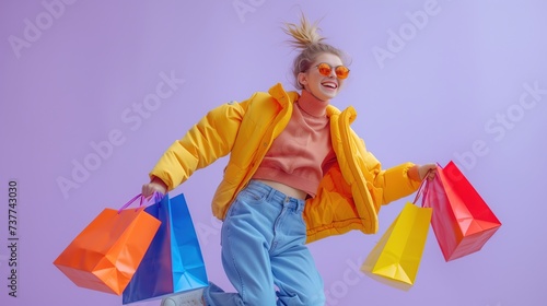 Happy woman shopper in sunglasses runing with colorful shopping bags at spring sale. Concept of sales, discounts, online shopping, shopaholism