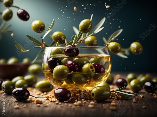 Fresh and yummy green olives, cinematic food photography, studio lighting and background 