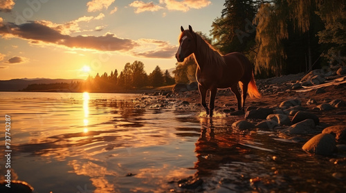 Silhouette of a horse on lake shore at sunset background.
