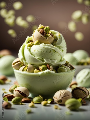 Italian Pistachio ice cream gelato in a cup with topping, cinematic food dessert photography, studio background