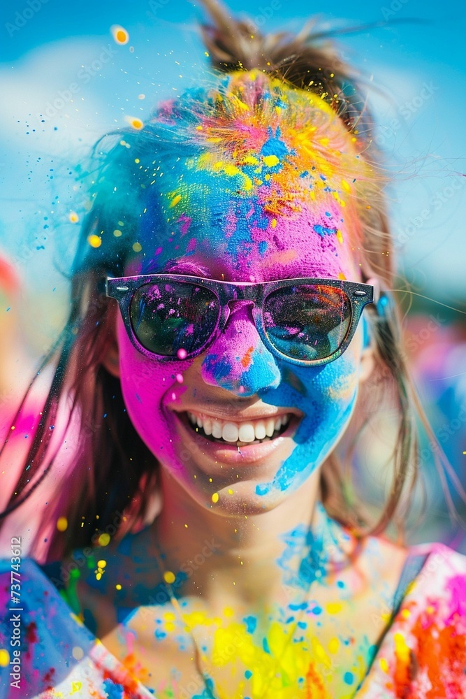 Portrait of happy lady wearing sunglasses covered by colorful powder. Concept of Holi festival in India.
Portrait of happy lady wearing sunglasses covered by colorful powder. Concept of Holi festival in India.
