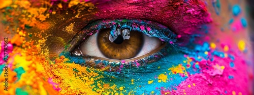 Female face covered by colorful powder. Banner with close up female eye.  Concept of Holi festival in India.  © Alexey