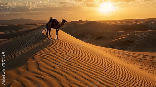 The Majestic Beauty of a Desert Landscape Captured at Sunset  Featuring a Lone Camel Silhouetted on Sand Dunes Under the Warm Glow of the Setting Sun