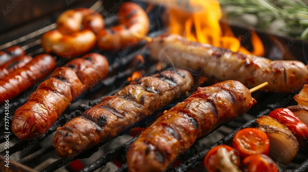 Grilled Sausages with Flames on Barbecue Grill Grilled Sausages with Flames on Barbecue Grill