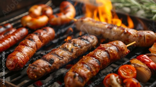 Grilled Sausages with Flames on Barbecue Grill