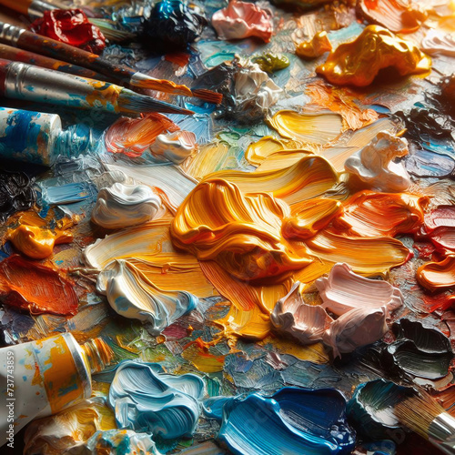 Paint brushes and palette close-up. Artistic background.