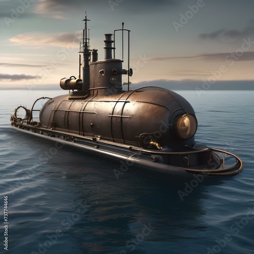 Steampunk submarine, Submersible vessel navigating the depths of the ocean with steam-powered engines1