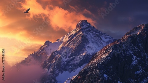 Dramatic Sunset Over Snow-Capped Mountain with Bird in Flight