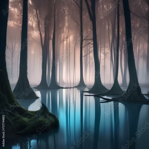 Haunted swamp, Eerie swamp filled with twisted trees and glowing lights leading to mysterious and dangerous encounters2