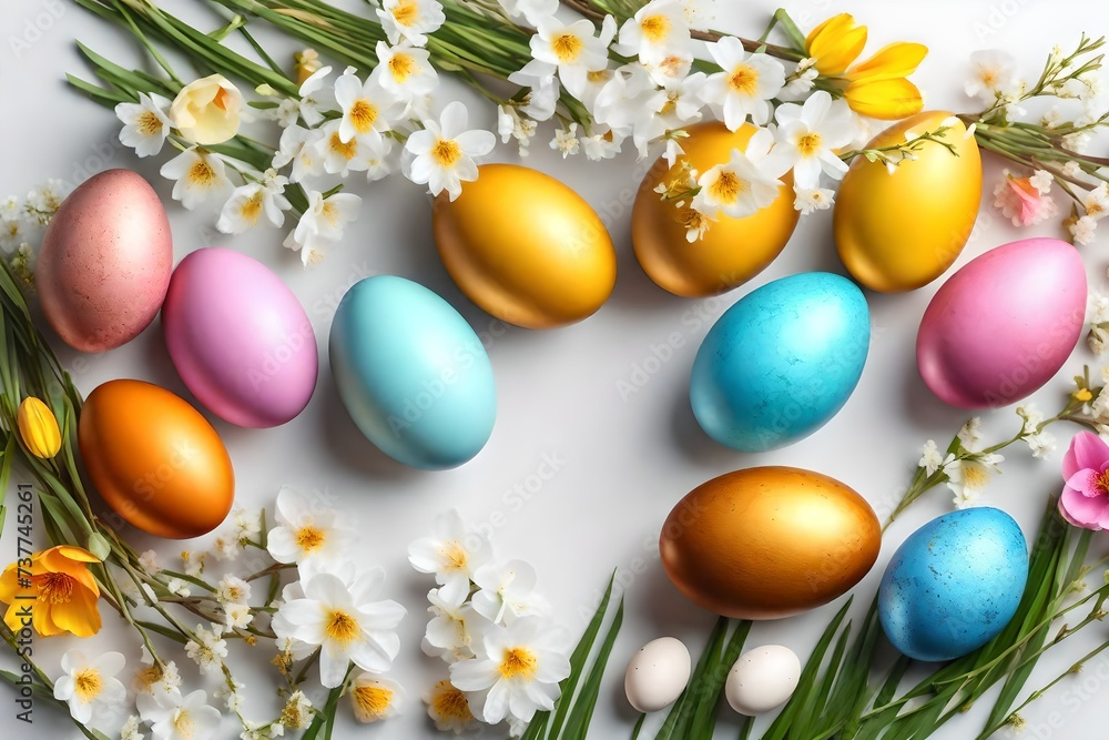 Festive Easter background. Easter eggs with flowers on a white table