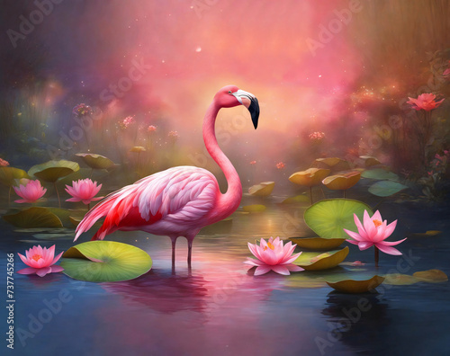 A pink flamingo in water surrounded by pink lily flowers.	