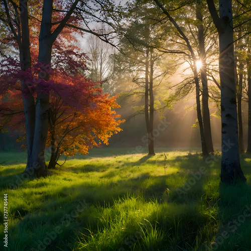 Spring forest with colorful leaves on trees and grass in the morning.