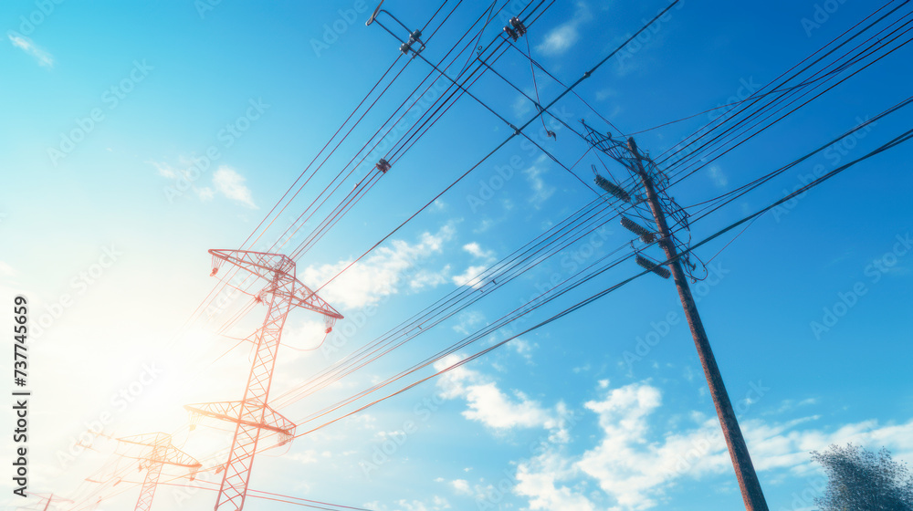 High Voltage Line And Electric Wire On Blue Sky Background