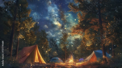 Summer forest scene with family enjoying camping, colorful tents, and a campfire under the stars