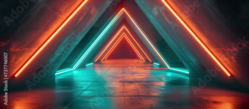 Futuristic abstract green and orange neon light shapes on dark background