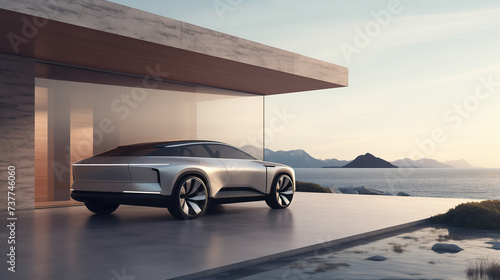 Luxury generic electric car parked outside modern villa house photo