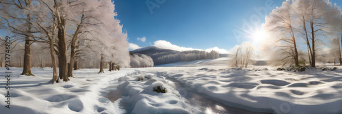 The spring sunlight streaming through the trees and casting a glow on the scene. Presenting the transition from winter to spring. Travel promotion, winter-spring season products, menu.