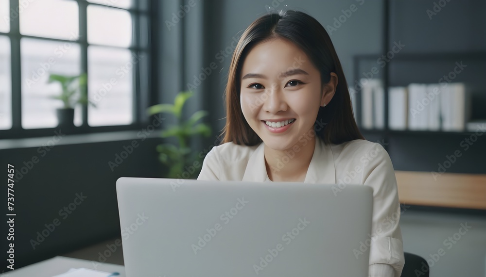 Young Asian girl using laptop, desktop, computer working in office