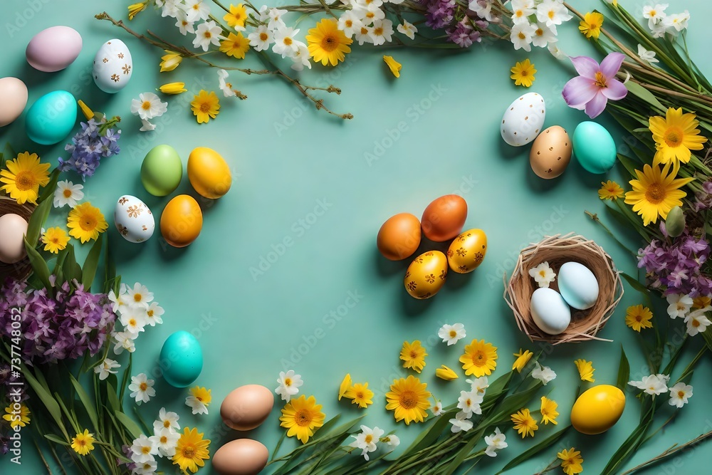 Spring Easter holiday background with eggs in nests and spring flowers Spring Easter holiday background with eggs in nests and spring flowers