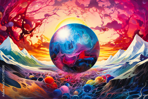 Blue globe in an abstract fantasy setting, representing a planet in space with vibrant colors and surreal artistic design
