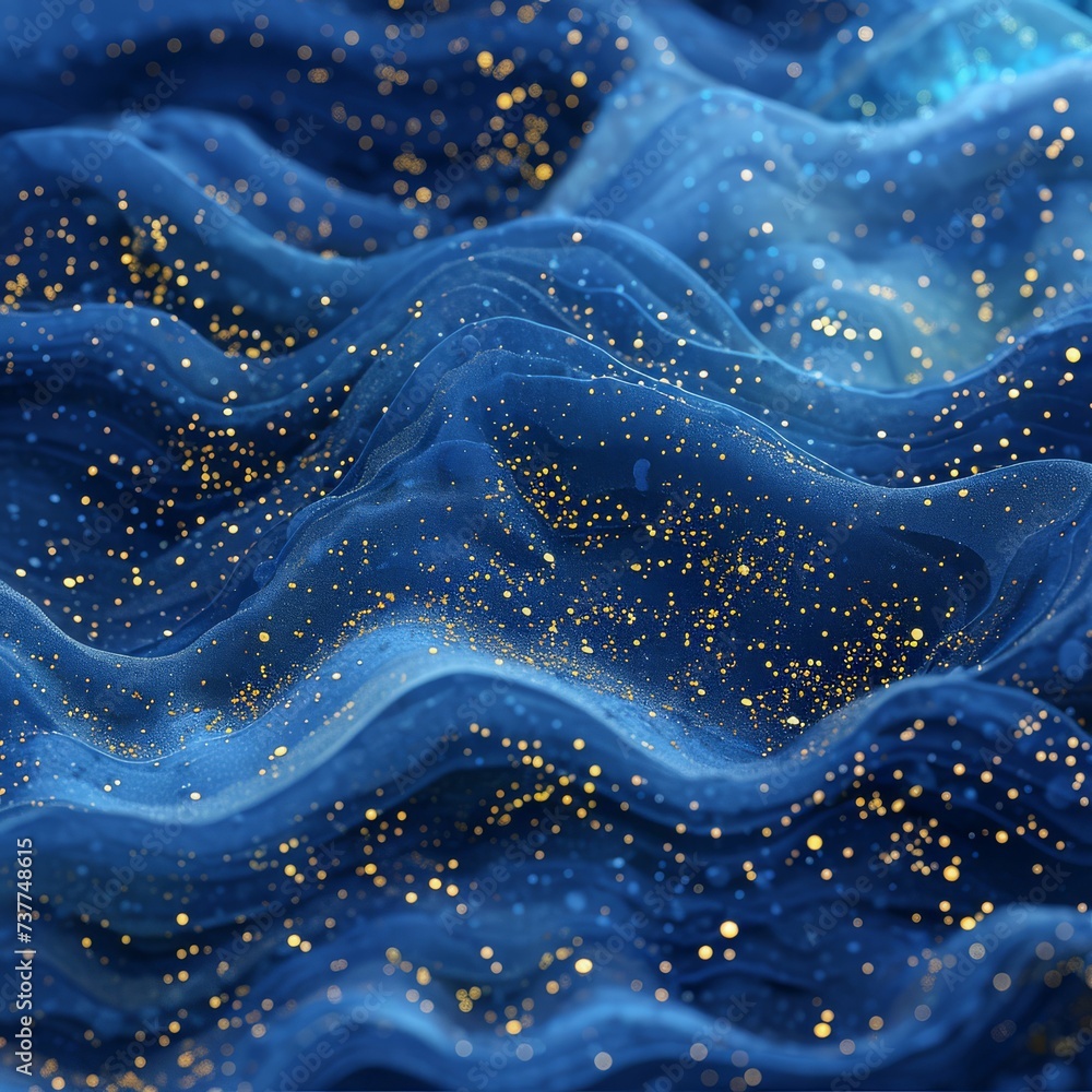 Elegant wavy blue fabric with sparkling golden glitter, resembling a luxury texture. Elegant wavy blue fabric with sparkling golden glitter, resembling a luxury texture.