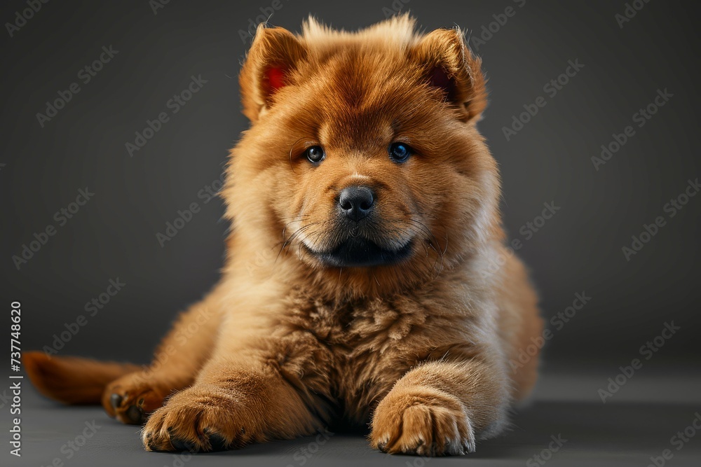 Adorable Chow Chow puppy with deep blue eyes lying down, looking attentively.