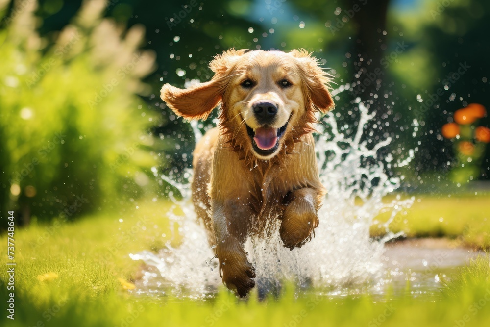 Happy golden retriever playing and splashing in water outdoors.