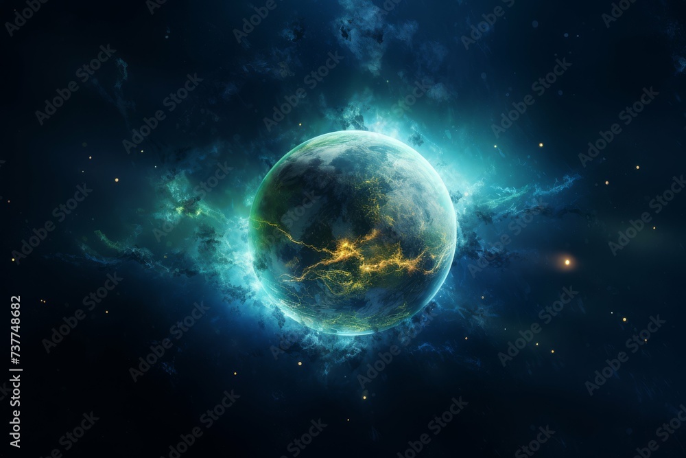 Digital art of a fantasy planet with glowing network patterns.