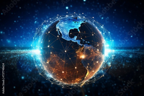 Digital illustration of Earth with a global network representing international connectivity and technology.
