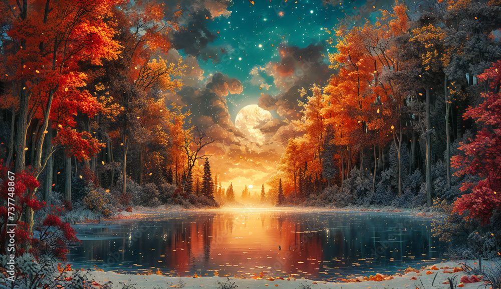 Fantasy night landscape with a bright moon and stars, blending natural beauty with imaginative elements in a serene setting
