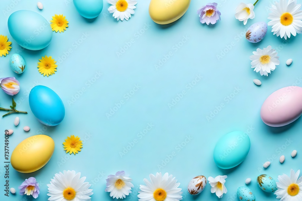 Easter composition. Easter eggs, flowers, paper blank on pastel blue background Easter composition. Easter eggs, flowers, paper blank on pastel blue background