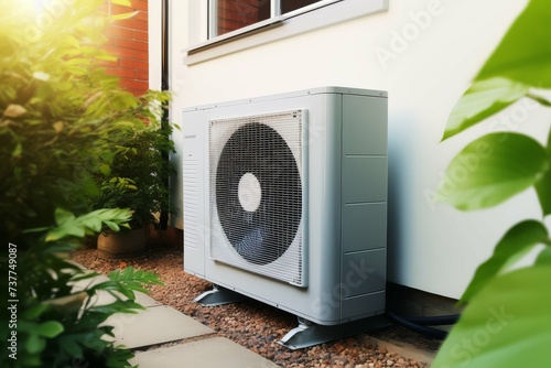 Efficient modern air conditioning unit installed outside a home. photo