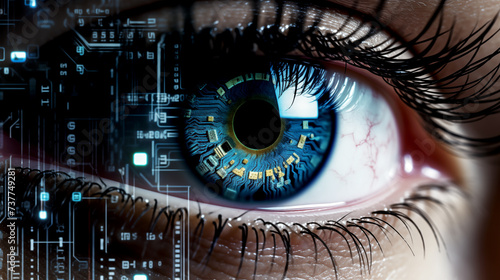 Digital eye, data network and cyber security technology background. Futuristic tech of virtual cyberspace and internet secure surveillance, binary code digital eye or safety scanner photo