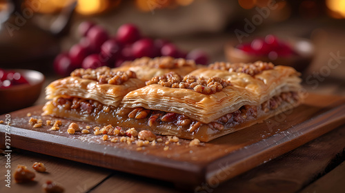 close up of Baklava on a wooden tray, Food Photography