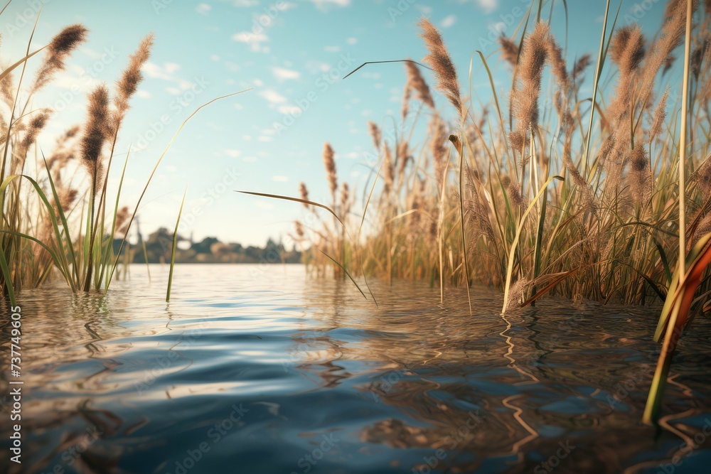 Serene water landscape with reed plants against a cloudy sky. - obrazy, fototapety, plakaty 