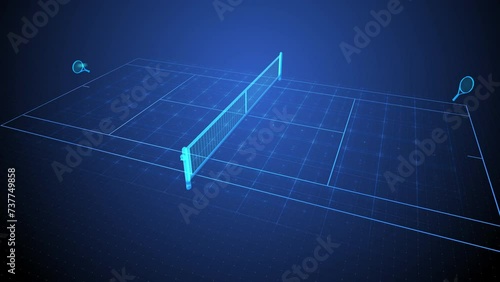 High tech holographic 3D animation of tennis game. Futuristic rackets hit the ball back and forth across hologram tennis court. Sci-fi HUD view with seamless loop of virtual reality sport game