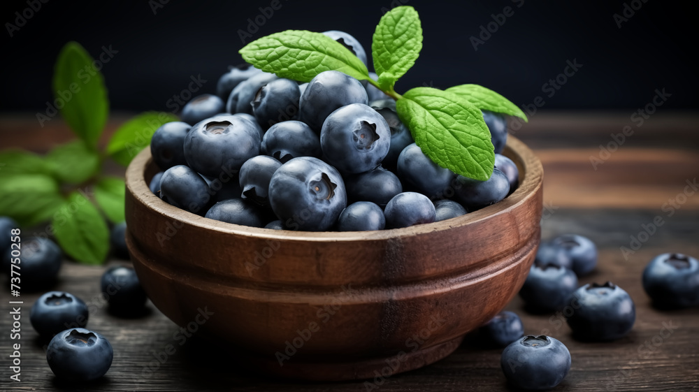 Fresh blueberry in a wooden bowl. Juicy and fresh blueberries with green leaves on a rustic table. Concept blueberry antioxidant for healthy eating and nutrition. Fresh blueberry in a wooden bowl. Juicy and fresh blueberries with green leaves on a rustic table. Concept blueberry antioxidant for healthy eating and nutrition.