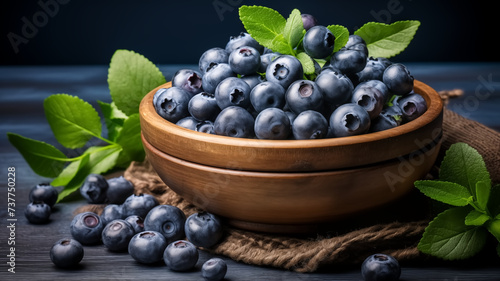 Fresh blueberry in a wooden bowl. Juicy and fresh blueberries with green leaves on a rustic table. Concept blueberry antioxidant for healthy eating and nutrition.