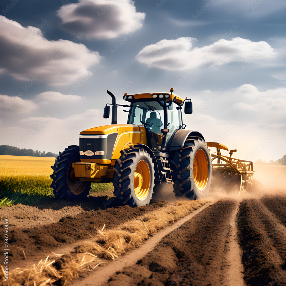 Tractor in a field work in farm yellow tractor Tractor in a field work in farm yellow tractor