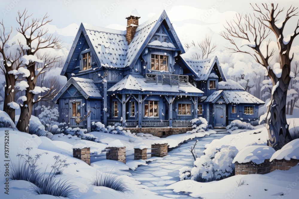 a painting of a house in the snow with a stream running through it