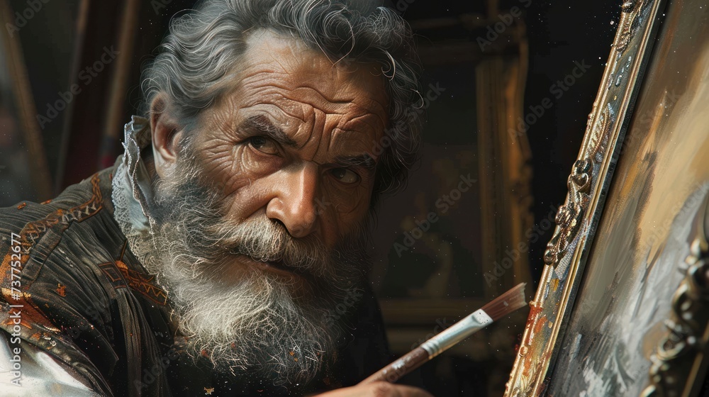 A seasoned artist with a gaze of determination adds intricate details to a classic art piece in a timeless studio setting.