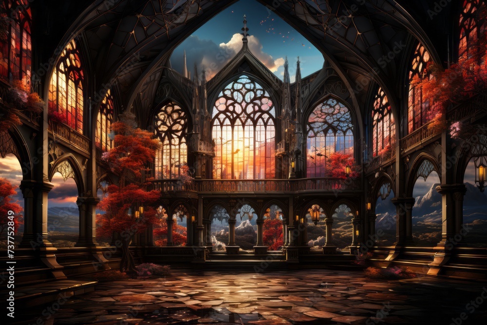 a gothic church with stained glass windows and a sunset in the background