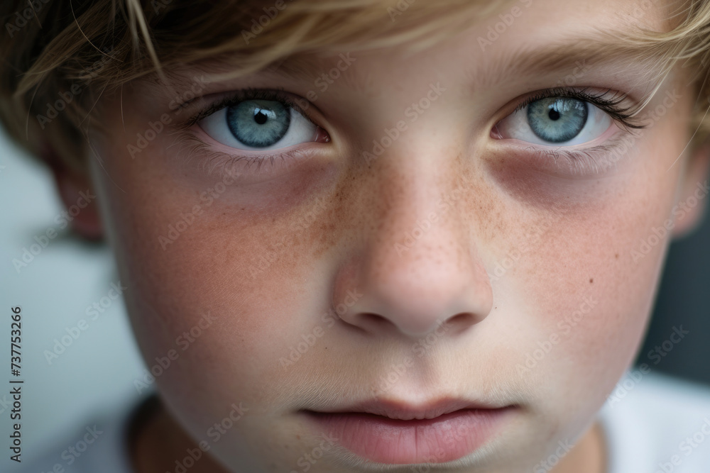 Intense close-up of a boy with deep blue eyes and a freckled face, portraying a mix of innocence and wisdom. Intense close-up of a boy with deep blue eyes and a freckled face, portraying a mix of innocence and wisdom.