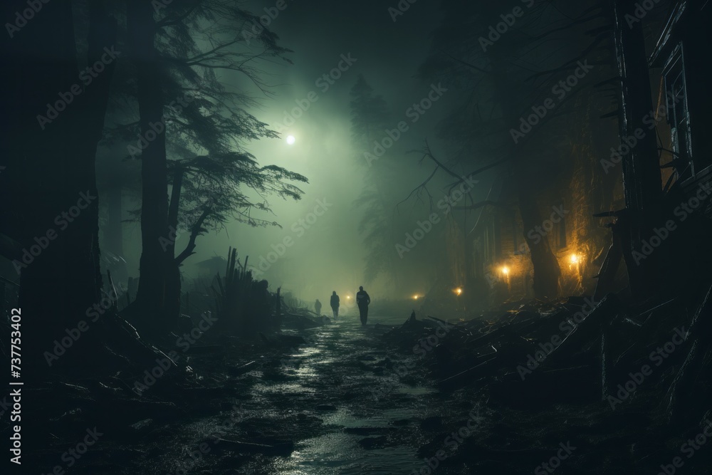 Two individuals stroll down a dimly lit street on a foggy night