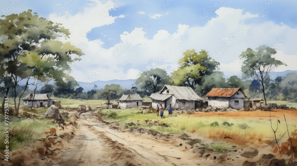 Watercolor painting of a peaceful rural village. Watercolor painting of a peaceful rural village.