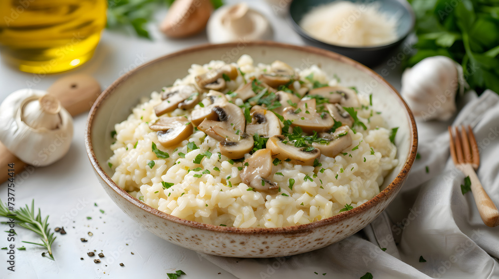 Mushroom Truffle Risotto in bowl, food photography Mushroom Truffle Risotto in bowl, food photography