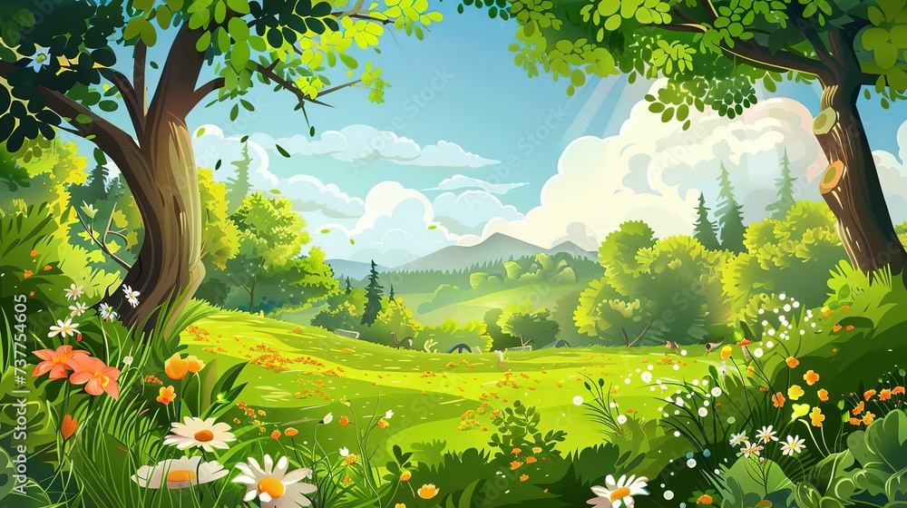 cartoon summer scene with meadow in the forest illustration for children