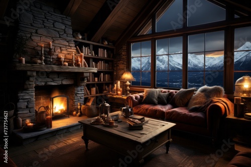 There is a fireplace in the living room with a view of the mountains © JackDong