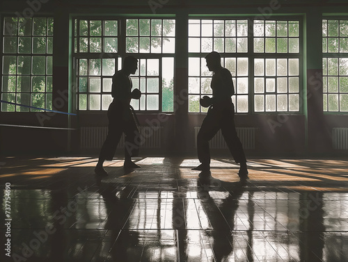 Silhouette of martial artist sparring under the dim window light of the gym